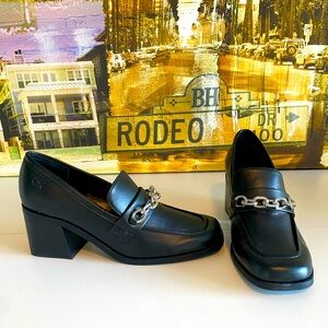 Black loafer with chunky heel